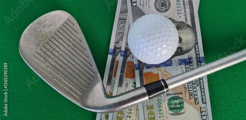 Golf ball golf club on green grass. Making money and playing for money in golf