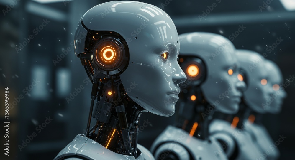 Fototapeta premium Humanoid robots lined up in the factory.