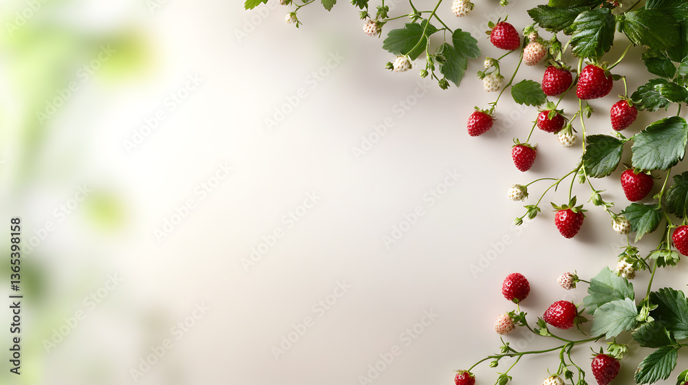 Fototapeta premium Wild strawberries and green leaves border on soft white background. Great for organic ads, summer fruit designs or natural product packaging. Selective focus