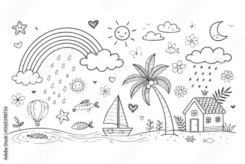Hand drawn tropical tree and beach vector illustration set for summer vacation and travel designs