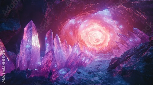 Mystical crystal cave tunnel glowing vortex