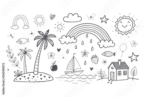 Hand drawn tropical tree and beach vector illustration set for summer vacation and travel designs