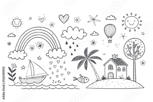 Hand drawn tropical tree and beach vector illustration set for summer vacation and travel designs