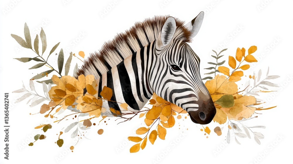 Fototapeta premium Elegant Zebra Head Surrounded by Colorful Autumn Leaves and Delicate Greenery in Watercolor Style Artwork