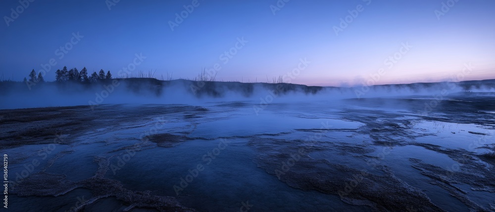Fototapeta premium Twilight Mist: Steaming Springs & Distant Trees 
