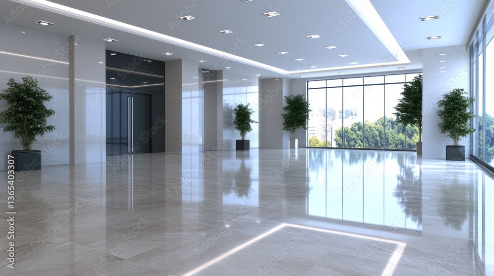 Obraz premium Bright modern lobby with elevator and plants