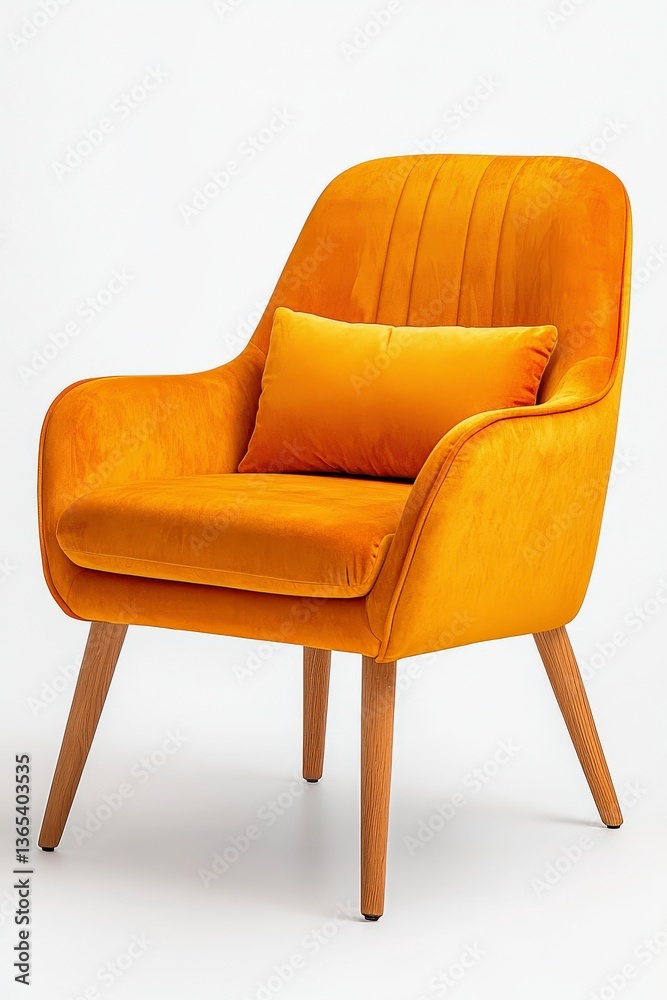 Naklejka premium Golden Hour Comfort: An inviting studio shot of a plush, vibrant orange armchair, a symbol of refined comfort, adorned with a matching lumbar pillow, captured in a clean aesthetic