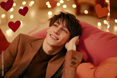 Love confession. Valentine's day greeting from man or for man: remarkable dazzling, image of loving latin young guy. Commercial conceptual art. Valentine's surprise. Cozy romance.