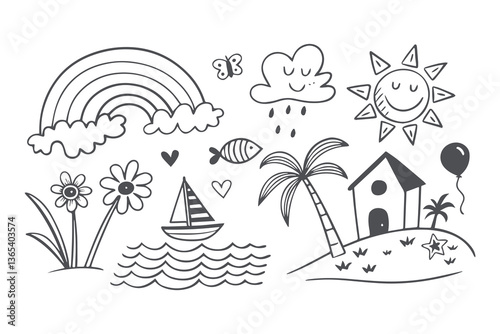 Hand drawn tropical tree and beach vector illustration set for summer vacation and travel designs