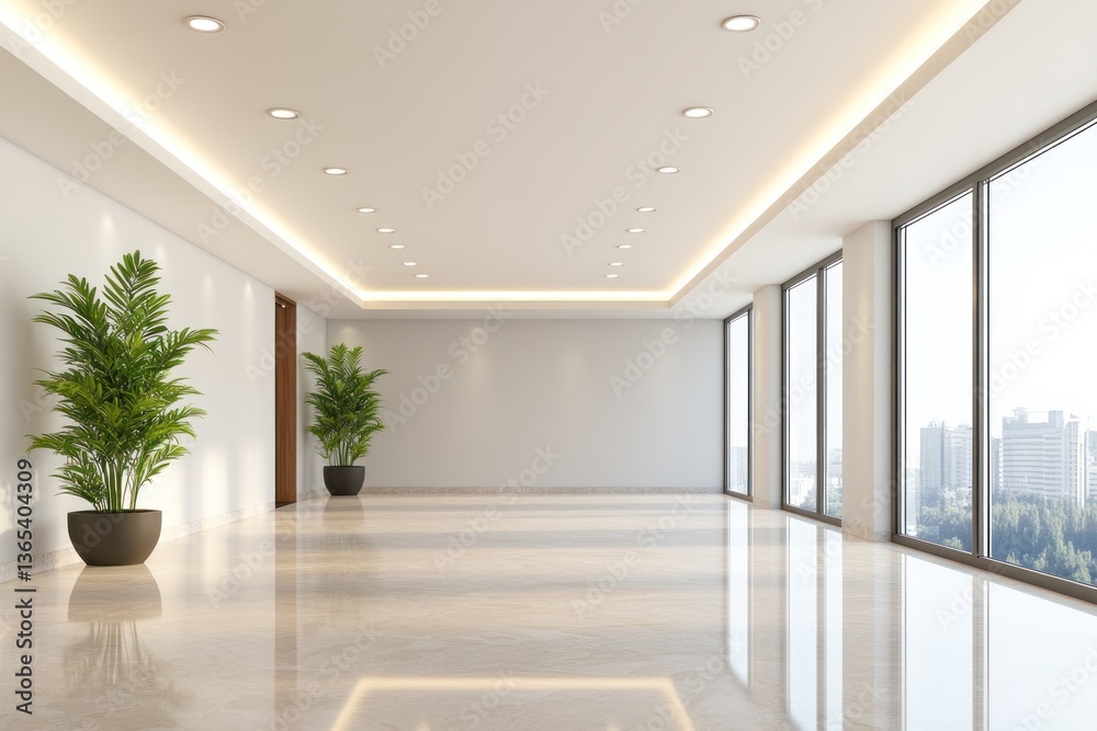 Fototapeta premium Bright room interior with plants and city view