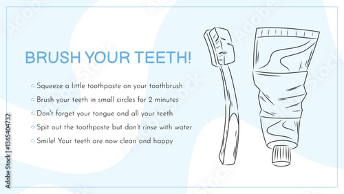 Educational vector poster for kids about brushing teeth with simple line illustrations of a toothbrush and toothpaste. Oral hygiene instructions in English for healthy dental care.