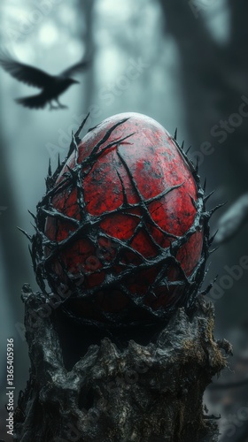 Happy Easter Sunday background, A single blood-red Easter egg with black thorny vines wrapped around it, placed in a hollowed tree trunk, with a blurred dark enchanted forest where crows