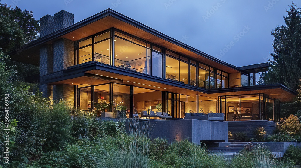 Fototapeta premium Modern house with large open windows and lush greenery at dusk