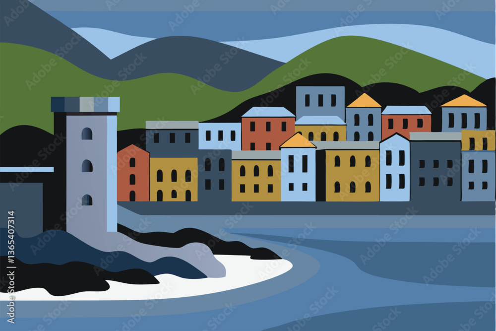 Naklejka premium Cityscape vector illustration in flat style. Cityscape with houses and river