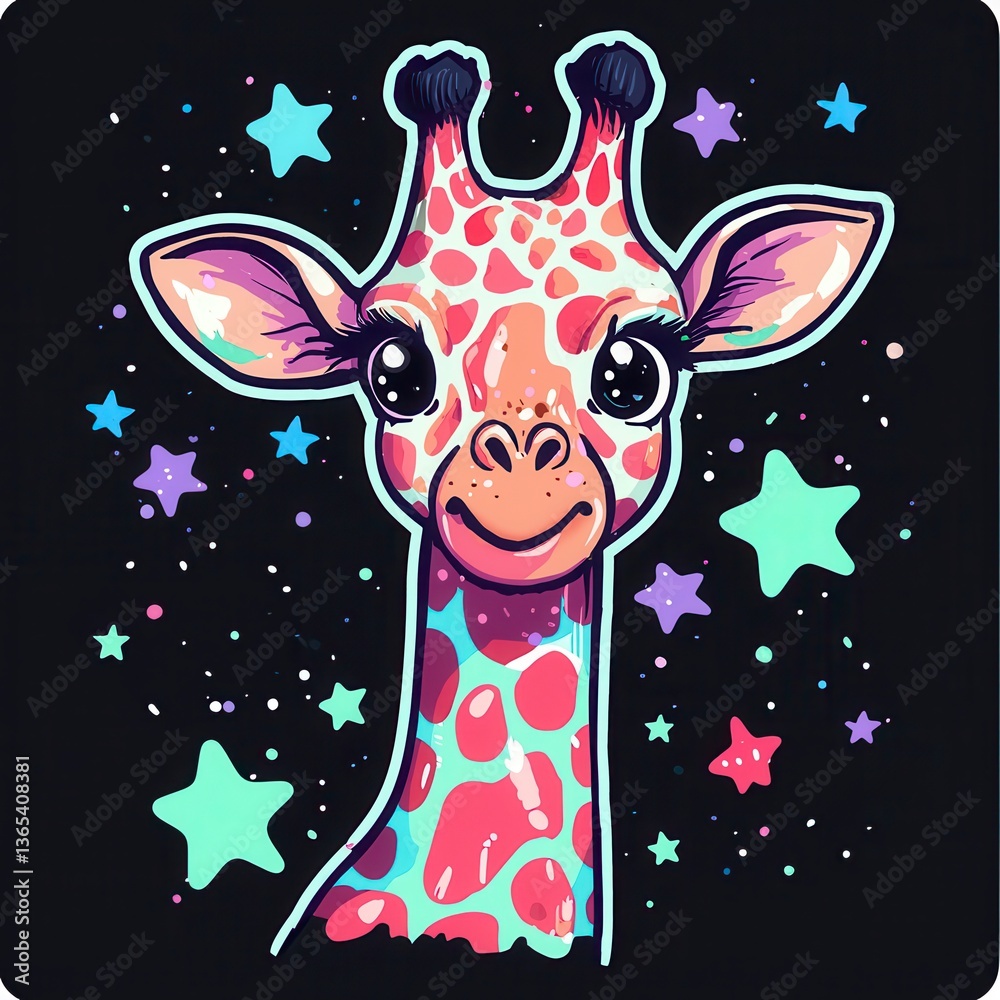 Fototapeta premium Adorable Cartoon Giraffe with Pastel Stars on Dark Background