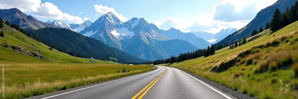 Scenic view of a winding road cutting through the majestic Absaroka Mountain Range in Wyoming, USA, natural beauty, terrain Scenic view of a winding road cutting through the majestic Absaroka Mountain Range in Wyoming, USA, natural beauty, terrain