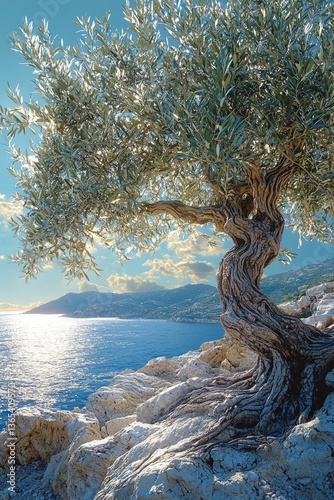 A beautiful olive tree grows beside a sparkling blue sea