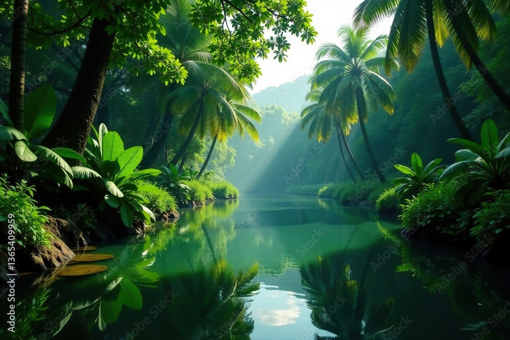 Scenic view of calm river flowing through dense green tropic forest, serene, water Scenic view of calm river flowing through dense green tropic forest, serene, water