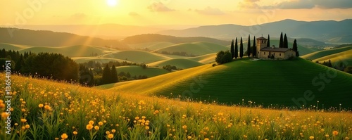 Tranquil Tuscan countryside with rolling hills, cypress trees, and golden sunlight near Pienza, Val d'Orcia, Italy, Tuscan,  scenic