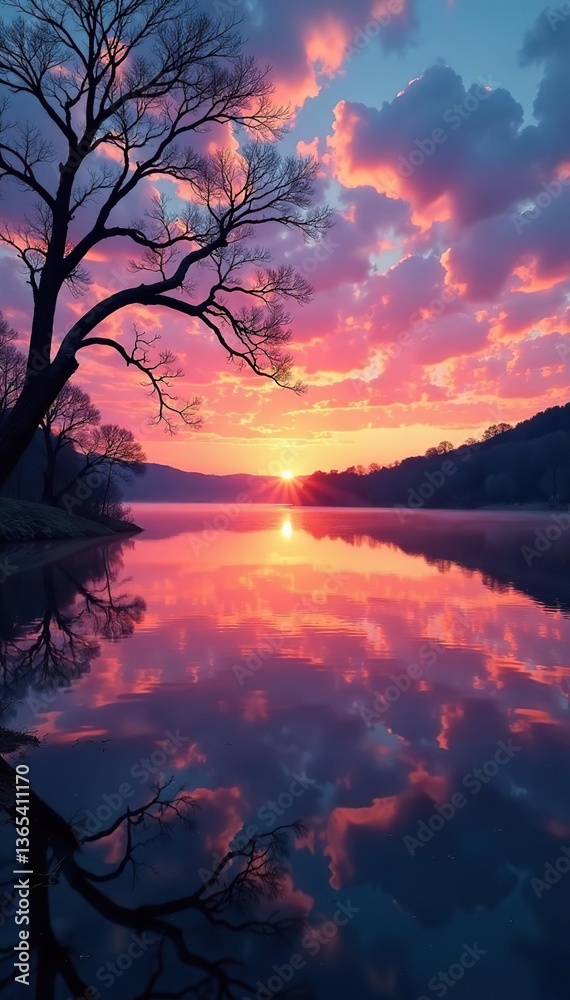 Naklejka premium Tranquil winter sunrise over Lake Austin in Austin, Texas, with colorful sky reflected in calm water, Lake, Nature