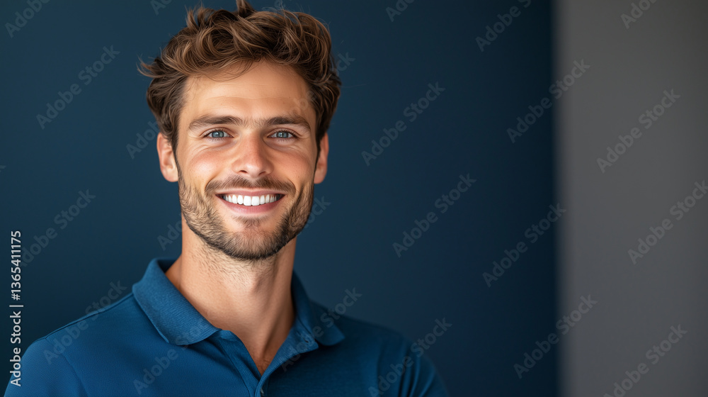 Fototapeta premium Confident European Male Model in Blue Polo Shirt with Friendly Smile