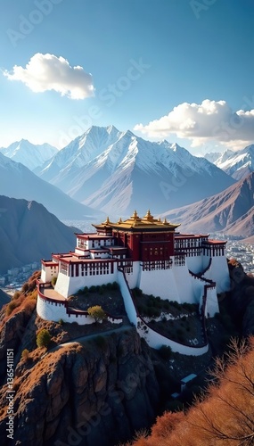 Scenic view of the iconic Potala Palace overlooking the city of Lhasa with snow-capped mountains in the background,  Potala Palace,  historic