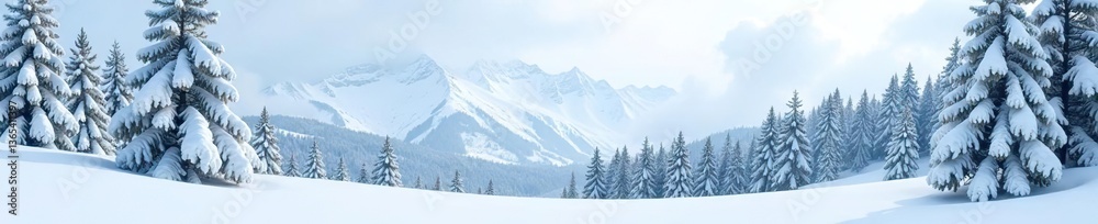 Obraz premium Snow-covered pine trees standing tall in a winter wonderland, with a pristine white blanket of snow covering the ground and mountains in the background, snowy scenes, snowy