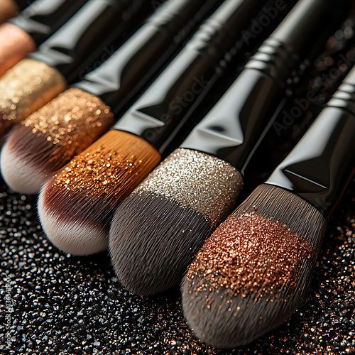 Closeup of luxury makeup brushes adorned with glittering pigments.  A glamorous, highfashion image perfect for beauty blogs, cosmetic advertisements, or showcasing professional makeup artistry.