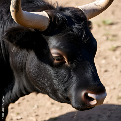 A close up photo of a black bull