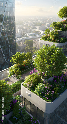 Green rooftops and vertical gardens redefine urban architecture, bringing nature into city. Balance of sustainability, innovation, and modern design enhances landscape. Vertical shot