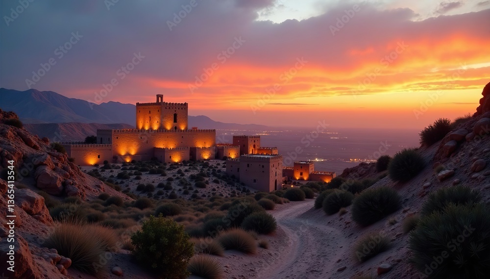 Obraz premium Scenic view of Ksar Ouled Soltane in Tunisia at sunset with glowing granaries in desert landscape, Tunisia, granaries