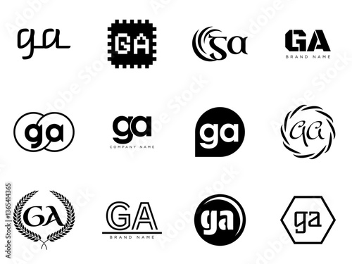 GA logo company template. Letter g and a logotype. Set different classic serif lettering and modern bold text with design elements. Initial font typography.