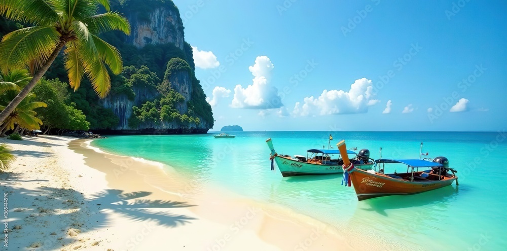 Obraz premium Tropical paradise with crystal clear waters, sandy beach, and colorful boats on Koh Lao Lading island in Krabi, Thailand, sandy, boats
