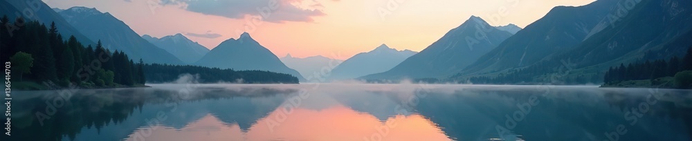 Fototapeta premium Scenic view of Lake Matheson at dawn with misty mountains in background, tourism, Westland District