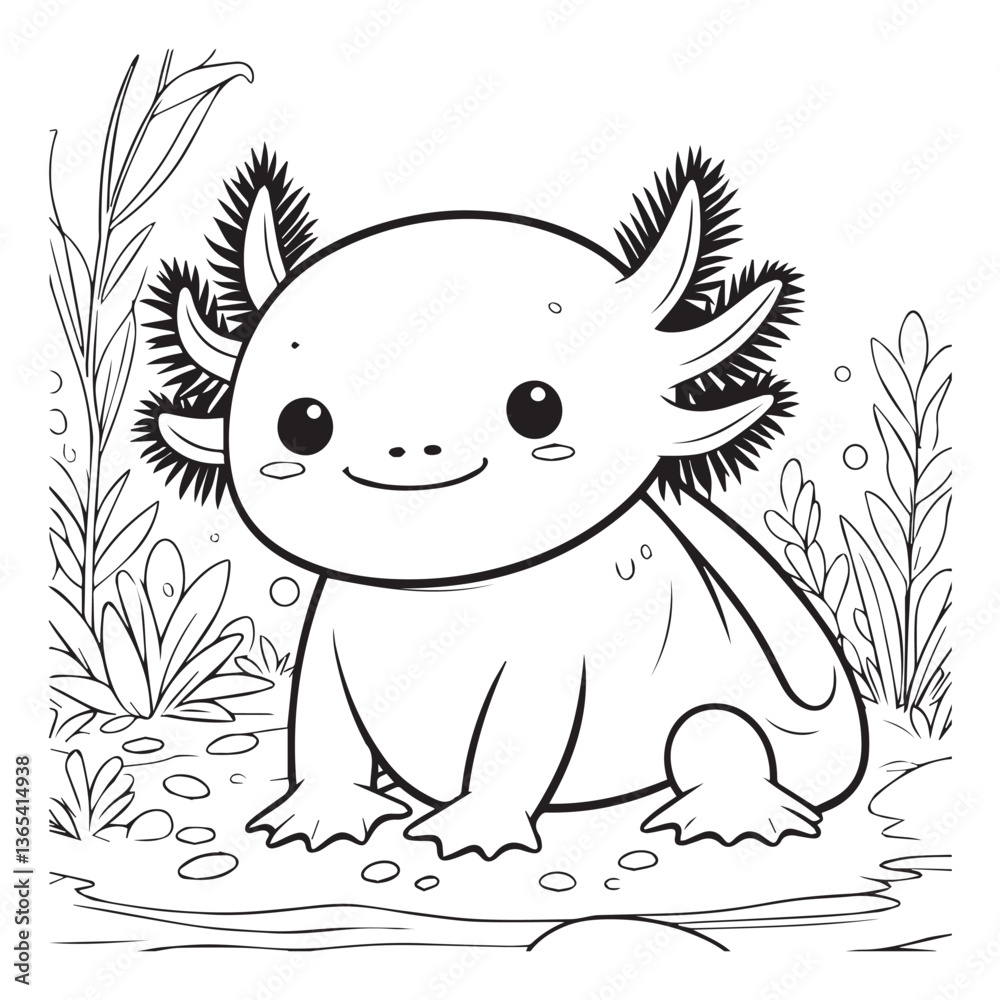 Cute cartoon axolotl in the jungle. Vector illustration for coloring book. Cute cartoon axolotl in the jungle. Vector illustration for coloring book.