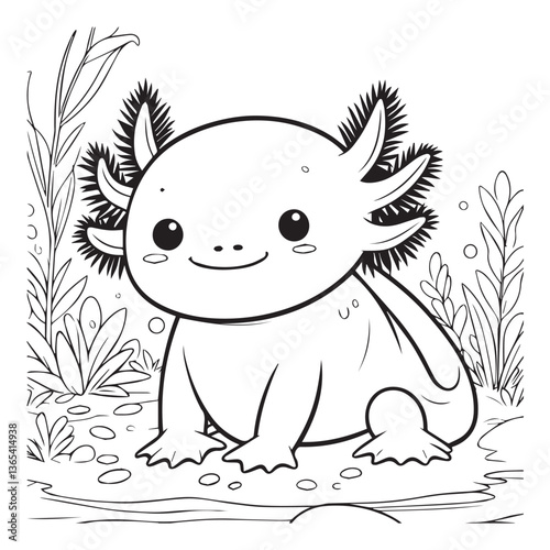 Cute cartoon axolotl in the jungle. Vector illustration for coloring book.