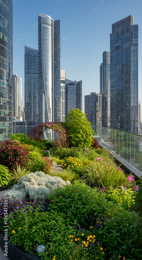 Obraz premium Green rooftops and vertical gardens redefine urban architecture, bringing nature into city. Balance of sustainability, innovation, and modern design enhances landscape. Vertical shot with sun