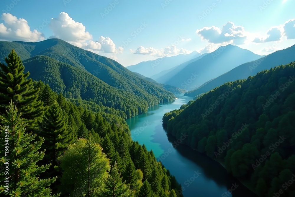 Naklejka premium Scenic view of La Tuque landscapes on the 155 road showcasing lush forests, rolling hills, and a winding river, serene, 155 road