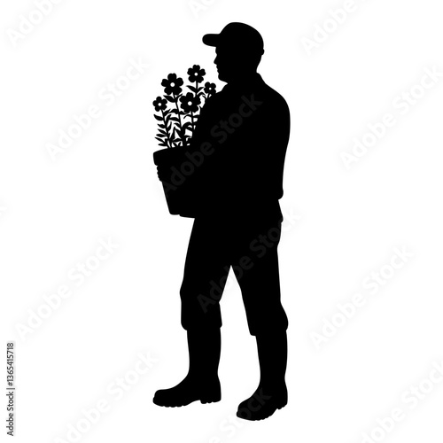 Silhouette of a gardener carrying a pot with flowers vector illustration