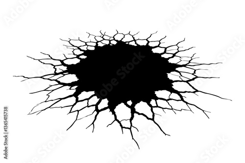 Large crack splitting the ground creating a hole graphic illustration