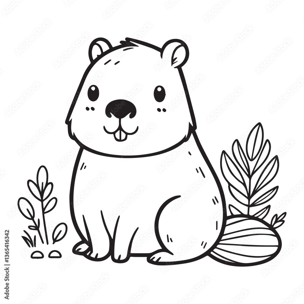 Fototapeta premium cute capybara animal with leafs plant cartoon vector illustration graphic design to colouring