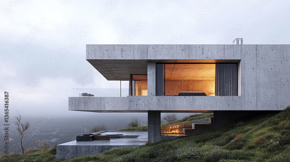 Obraz premium Minimalist concrete house on hillside at sunrise with warm lighting