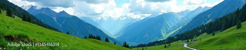 Scenic view of lush green valleys and snow-capped mountains in Jammu and Kashmir,  tranquil,  serene