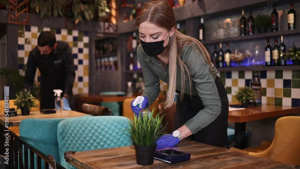 Young restaurant waiters cleaning and disinfecting tables and surfaces during Coronavirus pandemic disease. They are wearing protective face masks and gloves.