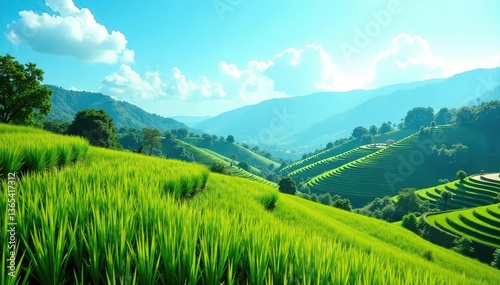 Scenic view of minimalist rice fields on terraced landscapes against blue sky background,  nature,  terraced landscapes