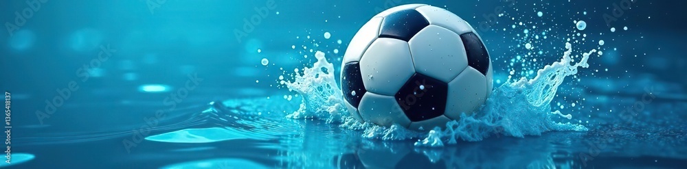 Naklejka premium Soccer ball surrounded by blue water ripples and dynamic splash effects against fluid background capturing vibrancy and excitement, striking, soccer
