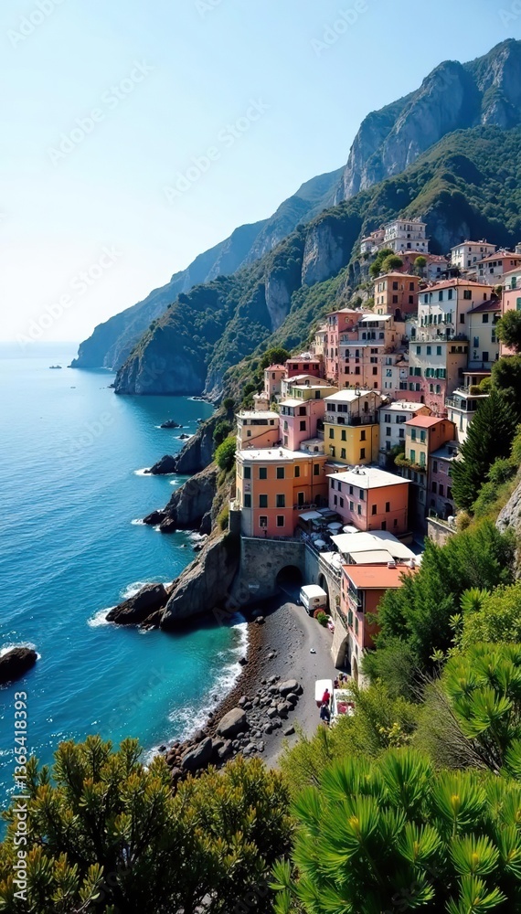 Naklejka premium Scenic view of Positano town nestled on cliffs overlooking the turquoise sea along the Amalfi Coast, Italy, travel, colorful
