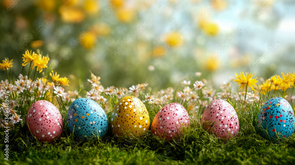 Easter spring: eggs in grass with flowers, vibrant hues, festive Easter holiday, colorful eggs amongst wildflowers and fresh spring grass Easter spring: eggs in grass with flowers, vibrant hues, festive Easter holiday, colorful eggs amongst wildflowers and fresh spring grass