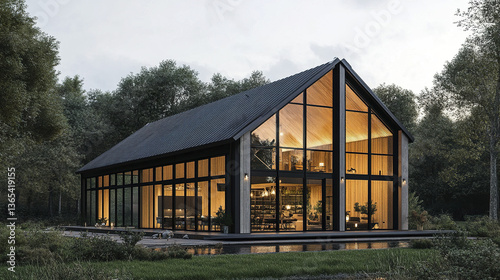 Modern barn conversion with glass walls and open interior design
