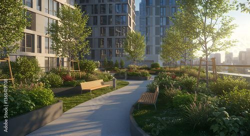 Lush vertical garden transforms an urban rooftop into green oasis. Blend of nature and modern architecture promotes sustainability, creating vibrant eco-friendly cityscape. Morning landscape with sun